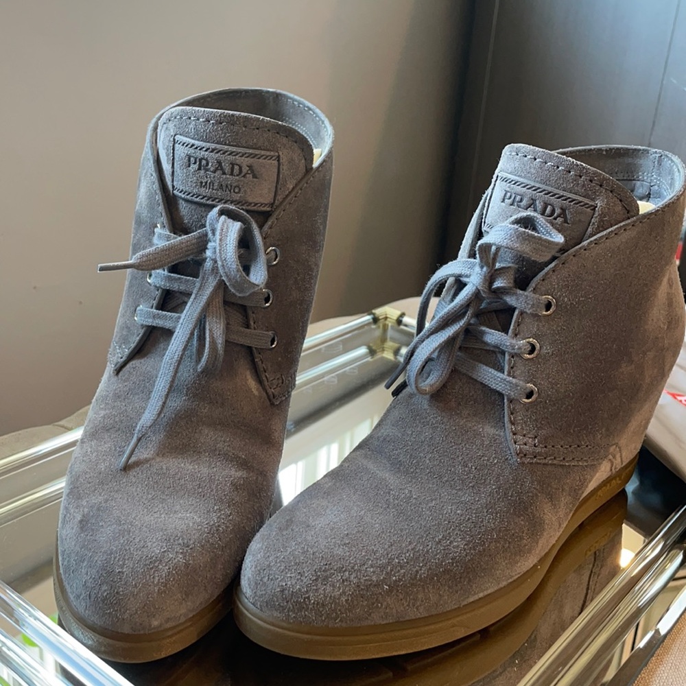 Prada grey suede wedge platform boots